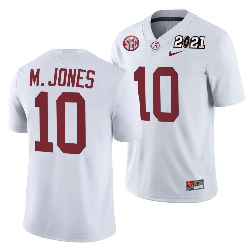 Men's Alabama Crimson Tide Mac Jones #10 White 2021 Rose Bowl Champions Playoff Away NCAA College Football Jersey